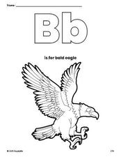 Free printable bald eagle Fourth of July coloring page, letter b coloring page for preschool, pre-k, and kindergarten, PDF