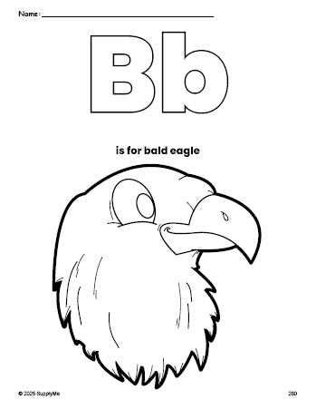 Free printable bald eagle Fourth of July coloring page, letter b coloring page for preschool, pre-k, and kindergarten, PDF