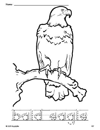 Free printable bald eagle Fourth of July coloring page and word tracing worksheet, letter formation guides, perfect for preschool, pre-k, and kindergarten, PDF