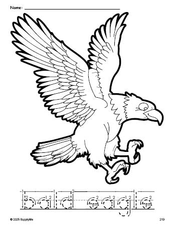 Free printable bald eagle Fourth of July coloring page and word tracing worksheet, letter formation guides, perfect for preschool, pre-k, and kindergarten, PDF