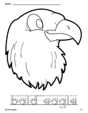 Free printable bald eagle Fourth of July coloring page and word tracing worksheet, letter formation guides, perfect for preschool, pre-k, and kindergarten, PDF