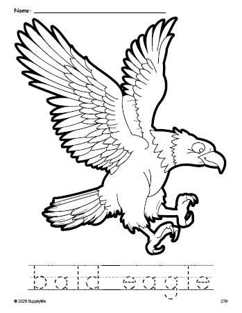 Free printable bald eagle Fourth of July coloring page and word tracing worksheet, perfect for preschool, pre-k, and kindergarten, PDF