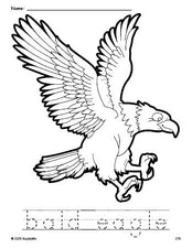 Free printable bald eagle Fourth of July coloring page and word tracing worksheet, perfect for preschool, pre-k, and kindergarten, PDF