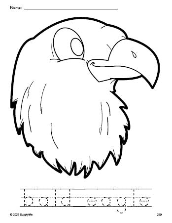 Free printable bald eagle Fourth of July coloring page and word tracing worksheet, perfect for preschool, pre-k, and kindergarten, PDF