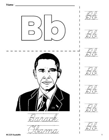 Free printable Barack Obama Presidents' Day coloring page and cursive letter tracing worksheet, letter b worksheet for preschool, pre-k, and kindergarten, PDF