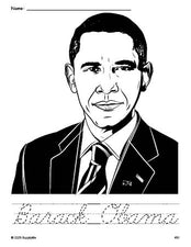 Free printable Barack Obama Presidents' Day coloring page and cursive word tracing worksheet, perfect for preschool, pre-k, and kindergarten, PDF