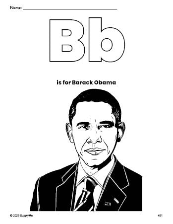 Free printable Barack Obama Presidents' Day coloring page, letter b coloring page for preschool, pre-k, and kindergarten, PDF