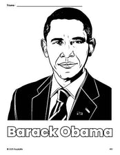 Free printable Barack Obama Presidents' Day coloring page for preschool, pre-k, and kindergarten, PDF