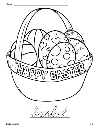 Free printable basket Easter coloring page and cursive word tracing worksheet, perfect for preschool, pre-k, and kindergarten, PDF