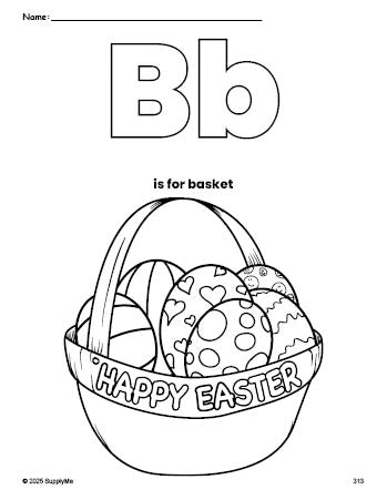 Free printable basket Easter coloring page, letter b coloring page for preschool, pre-k, and kindergarten, PDF