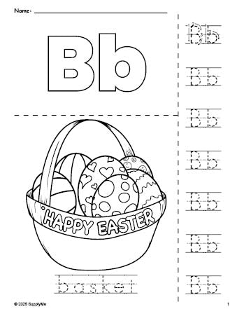 Free printable basket Easter coloring page and letter tracing worksheet, letter b worksheet for preschool, pre-k, and kindergarten, PDF