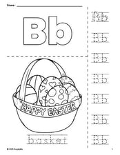 Free printable basket Easter coloring page and letter tracing worksheet, letter b worksheet for preschool, pre-k, and kindergarten, PDF