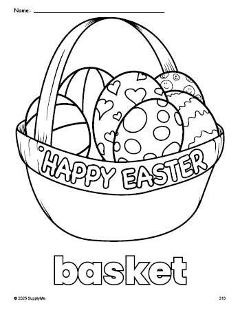 Free printable basket Easter coloring page for preschool, pre-k, and kindergarten, PDF