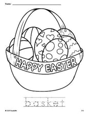 Free printable basket Easter coloring page and word tracing worksheet, perfect for preschool, pre-k, and kindergarten, PDF