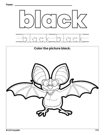 Free bat color black coloring page and color worksheet, black worksheet for preschoolers to learn colors, printable PDF