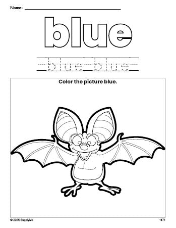 Free bat color blue coloring page and color worksheet, blue worksheet for preschoolers to learn colors, printable PDF