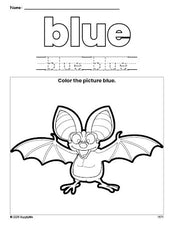 Free bat color blue coloring page and color worksheet, blue worksheet for preschoolers to learn colors, printable PDF