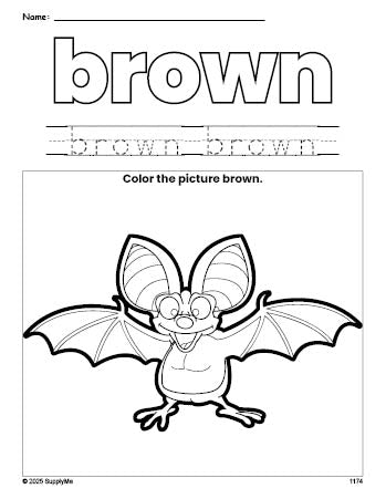 Free bat color brown coloring page and color worksheet, brown worksheet for preschoolers to learn colors, printable PDF