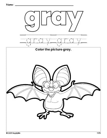 Free bat color gray coloring page and color worksheet, gray worksheet for preschoolers to learn colors, printable PDF