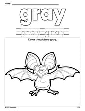 Free bat color gray coloring page and color worksheet, gray worksheet for preschoolers to learn colors, printable PDF