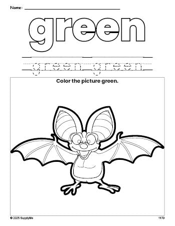 Free bat color green coloring page and color worksheet, green worksheet for preschoolers to learn colors, printable PDF