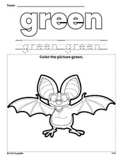 Free bat color green coloring page and color worksheet, green worksheet for preschoolers to learn colors, printable PDF