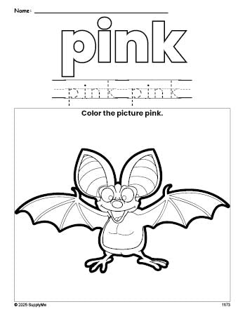 Free bat color pink coloring page and color worksheet, pink worksheet for preschoolers to learn colors, printable PDF