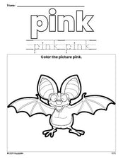 Free bat color pink coloring page and color worksheet, pink worksheet for preschoolers to learn colors, printable PDF