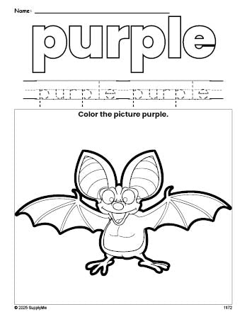 Free bat color purple coloring page and color worksheet, purple worksheet for preschoolers to learn colors, printable PDF