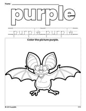 Free bat color purple coloring page and color worksheet, purple worksheet for preschoolers to learn colors, printable PDF