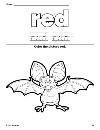 Free bat color red coloring page and color worksheet, red worksheet for preschoolers to learn colors, printable PDF