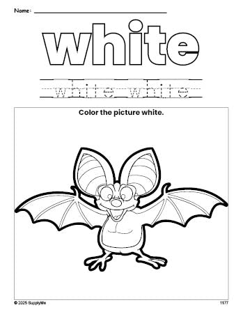 Free bat color white coloring page and color worksheet, white worksheet for preschoolers to learn colors, printable PDF