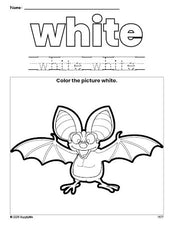 Free bat color white coloring page and color worksheet, white worksheet for preschoolers to learn colors, printable PDF