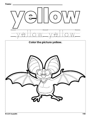 Free bat color yellow coloring page and color worksheet, yellow worksheet for preschoolers to learn colors, printable PDF