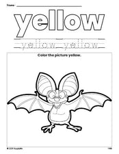 Free bat color yellow coloring page and color worksheet, yellow worksheet for preschoolers to learn colors, printable PDF