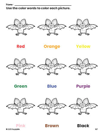 Free bat coloring page and color worksheet for preschoolers to learn colors, printable PDF