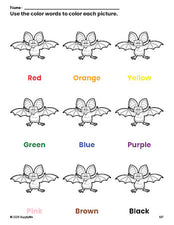 Free bat coloring page and color worksheet for preschoolers to learn colors, printable PDF