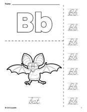 Free printable bat coloring page and cursive letter tracing worksheet, letter b worksheet for preschool, pre-k, and kindergarten, PDF