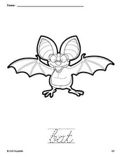 Free printable bat coloring page and cursive word tracing worksheet, perfect for preschool, pre-k, and kindergarten, PDF