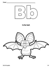 Free printable bat coloring page, letter b coloring page for preschool, pre-k, and kindergarten, PDF