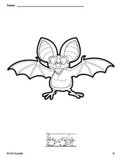 Free printable bat coloring page and word tracing worksheet, letter formation guides, perfect for preschool, pre-k, and kindergarten, PDF