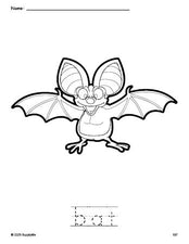 Free printable bat coloring page and word tracing worksheet, perfect for preschool, pre-k, and kindergarten, PDF