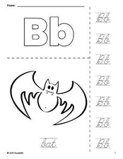 Free printable bat Halloween coloring page and cursive letter tracing worksheet, letter b worksheet for preschool, pre-k, and kindergarten, PDF