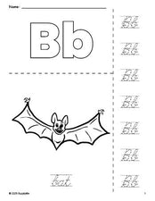 Free printable bat Halloween coloring page and cursive letter tracing worksheet, letter b worksheet for preschool, pre-k, and kindergarten, PDF