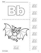 Free printable bat Halloween coloring page and cursive letter tracing worksheet, letter b worksheet for preschool, pre-k, and kindergarten, PDF