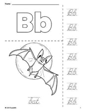 Free printable bat Halloween coloring page and cursive letter tracing worksheet, letter b worksheet for preschool, pre-k, and kindergarten, PDF