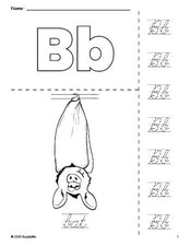 Free printable bat Halloween coloring page and cursive letter tracing worksheet, letter b worksheet for preschool, pre-k, and kindergarten, PDF