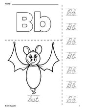 Free printable bat Halloween coloring page and cursive letter tracing worksheet, letter b worksheet for preschool, pre-k, and kindergarten, PDF