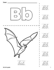 Free printable bat Halloween coloring page and cursive letter tracing worksheet, letter b worksheet for preschool, pre-k, and kindergarten, PDF