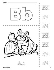 Free printable bat Halloween coloring page and cursive letter tracing worksheet, letter b worksheet for preschool, pre-k, and kindergarten, PDF